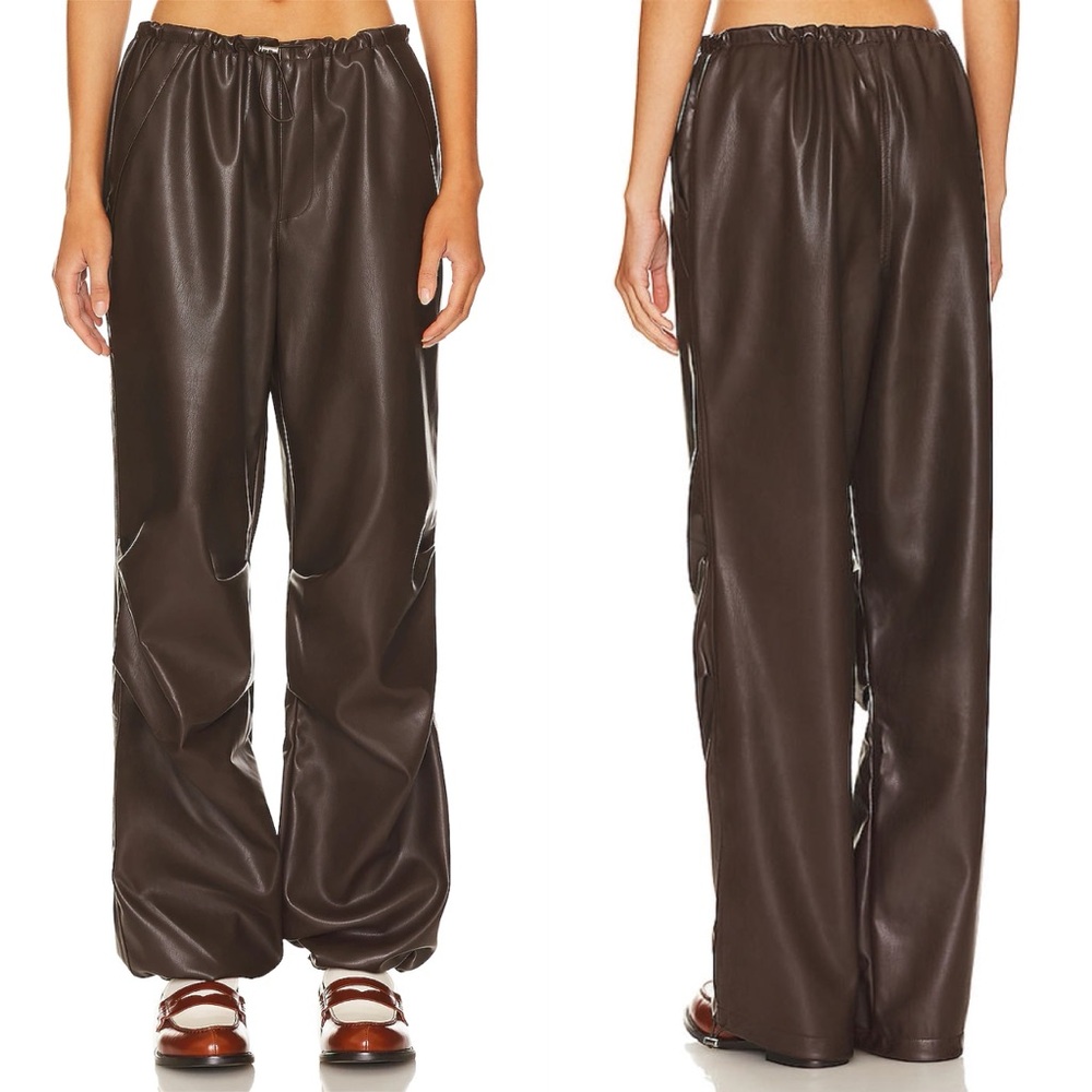 NWT AFRM Frankie Brown Leather Parachute Pants in Java